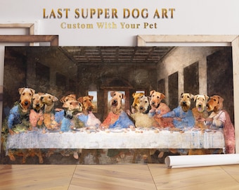 Lienzo impreso de la Última Cena del Airedale Terrier: Arte canino renacentista, retrato personalizado de mascota.