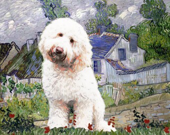 White Labradoodle Art CANVAS Häuser bei Auvers Van Gogh Kundenspezifische Druck Labradoodle-Hunde-Wand-Kunst-Porträt-Hund Mom & Dad Personalisierte Geschenke