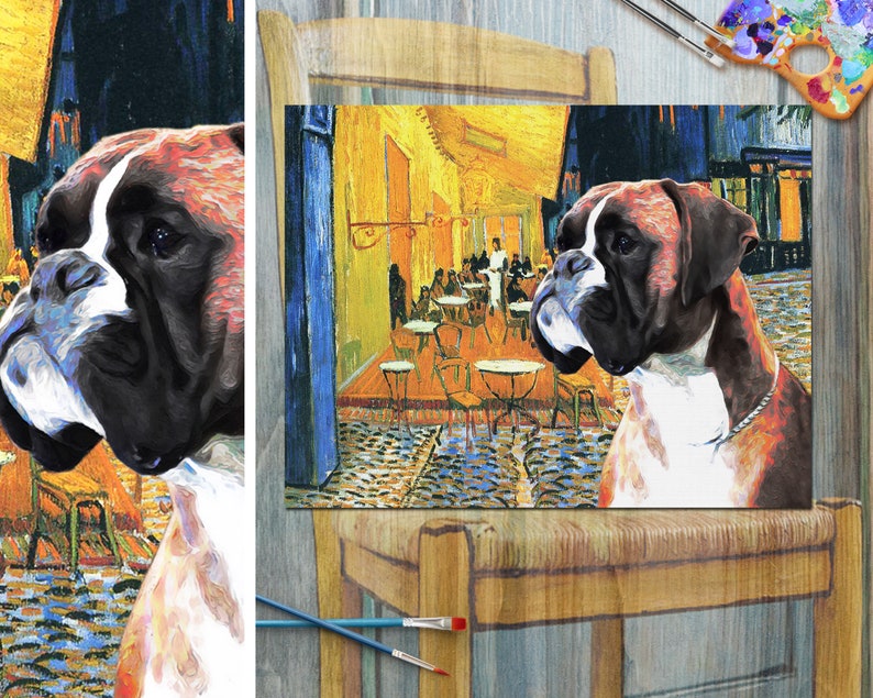 Fawn Boxer Dog Art CANVAS Van Gogh Cafe terrace at night Print Boxer Dog natural ears Personalized Dog Portrait Mom /& Dad gifts