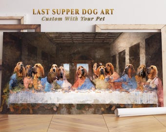 Cuadro de la Última Cena de un sabueso: retrato renacentista de un perro, regalo personalizado para mascotas.