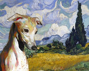 Art personnalisé lévrier italien toile Van Gogh champ de blé avec impression de cyprès Iggy Portrait de chien personnalisé cadeaux maman et papa