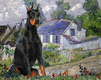 Schwarzer Dobermann Pinscher Kunst CANVAS Häuser in Auvers Van Gogh Angepasster Druck Dobermann Hund Mama & Papa Personalisierte Geschenke