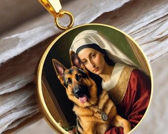 Collar con colgante de pastor alemán y la Virgen María - Arte renacentista alsaciano, opción de grabado.
