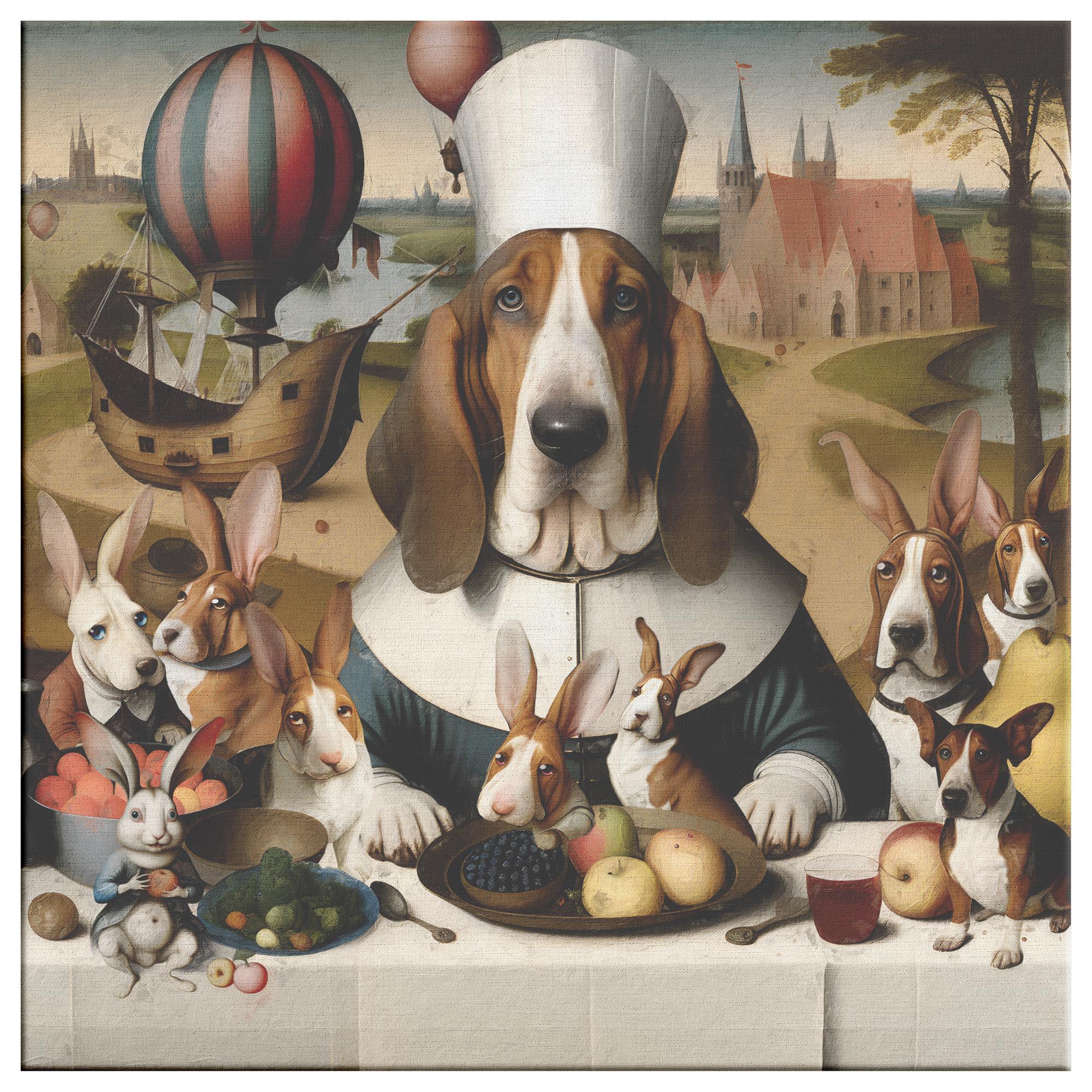 Basset Hound Rabbit Chef Canvas Print: Surrealist Dog Art