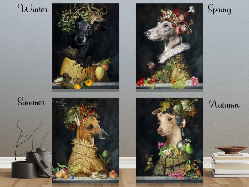 Italienischer Windhund Geschenke, Iggy Hund Kunst, Winter, Frühling, Sommer, Herbst, vier Jahreszeiten Arcimboldo, Renaissance Hund Mama & Papa Geschenke Bild 2