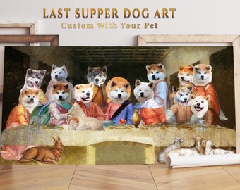 Arte de la Última Cena de Akita Inu: Impresión en lienzo de un perro renacentista - Edición limitada, retrato personalizado de mascota