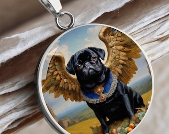 Collar conmemorativo de carlino negro - Colgante personalizado con foto de perro - Joyería personalizada de ángel para perros - Pérdida de mascota