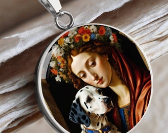 Collier chien dalmatien et Vierge Marie, pendentif chien dalmatien Renaissance, option de gravure, cadeaux chien ange, bijoux pour chien personnalisés