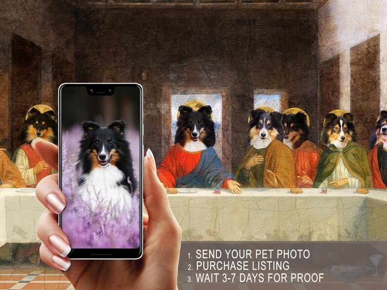 A hand holding a smartphone displaying a close-up of a dog's face, with a painting of people in the background.
