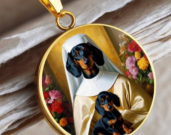 Black Dachshund Dog Necklace, Dachshund Virgin Mary and Puppy, Wiener Dog Pendant, Renaissance Sausage Dog, Engrave Option, Doxie Dog Gift