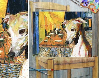 Italian Greyhound Art Cafe terrace at night Van Gogh Canvas Print Iggy Gifts choose size 10x8, 16x12, 20x15, 24x18 by Nobility Dogs
