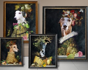 Greyhound Gifts, Greyhound Dog Art, Winter, Spring, Summer, Autumn, Four Seasons Arcimboldo, Renaissance Dog Mom & Dad gifts