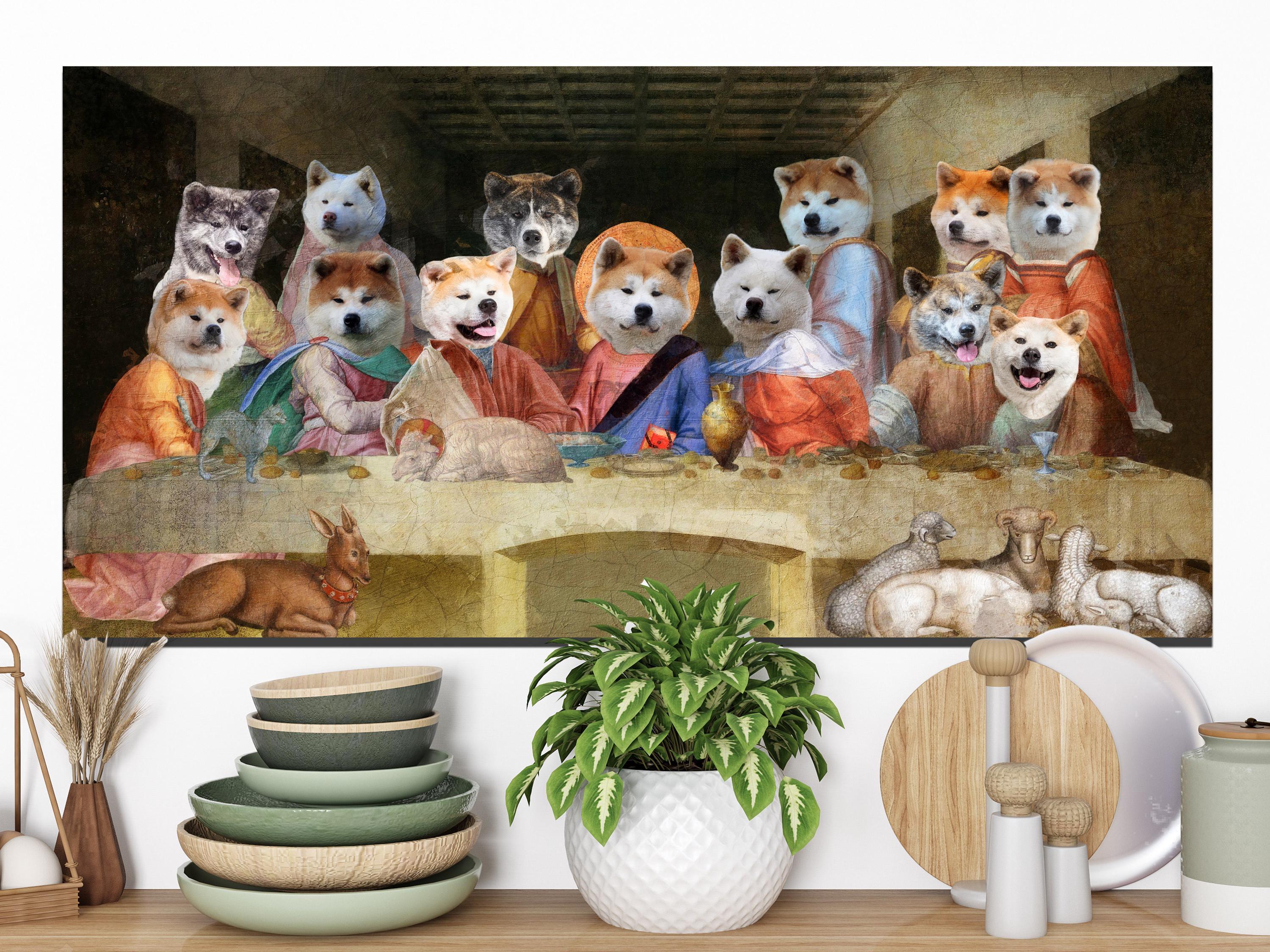 秋田犬の最後の晩餐アート：ルネッサンス犬キャンバスプリント - 限定