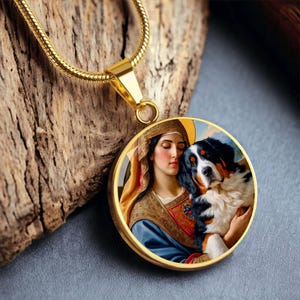 Bernese Mountain Dog Gifts, Berner Dog and Virgin Mary Necklace, Engrave Option, Renaissance Memorial Dog Pendant
