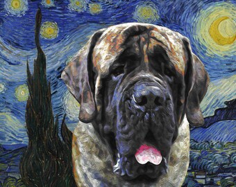 English Mastiff Art CANVAS Starry Night Van Gogh Customized print Brindle Mastiff Personalized Dog Portrait Mom & Dad gifts