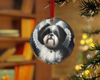 Ange chien Shih Tzu noir et blanc, ornement de Noël pour chien, cadeau de maman Shih Tzu, ornement en métal, chien commémoratif personnalisé