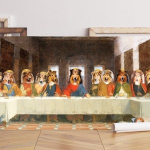 Rough Collie Ultima Cena Arte di Leonardo Da Vinci, Sable Rough Collie Gallery Wrap, Renaissance Masterpiece Nobility Dog Regali per mamma e papà