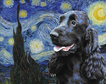 Personalized Cocker Spaniel Starry Night Art Print: Custom Dog Portrait