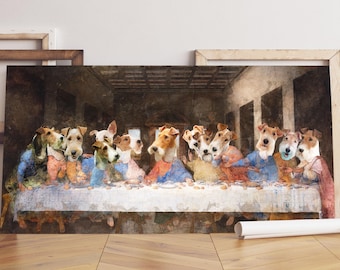 Arte de la Última Cena del Fox Terrier de Pelo Duro: Lienzo Renacentista, Retrato Personalizado de Mascota