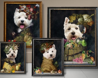 Four Seasons Westie Art, West Highland White Terrier Gifts, Winter, Spring, Summer, Autumn, Arcimboldo, Renaissance Dog Mom & Dad gifts