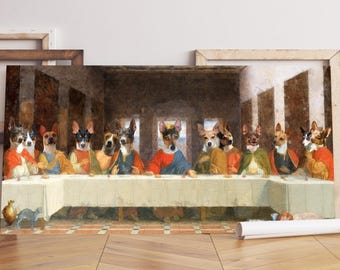 Arte en lienzo de la Última Cena de Rat Terrier: Retrato de perro renacentista, retrato de mascota personalizado