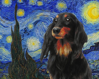 May include: A black and tan dachshund dog with a starry night background. The dog's fur is black with tan markings on its chest and face. The background is a painting of a starry night sky with swirling clouds and a bright yellow moon.