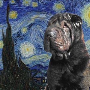 Shar Pei Art CANVAS Starry Night Van Gogh Customized print Chinese Black Shar Pei Personalized Dog Portrait Mom & Dad gifts
