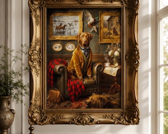 Cuadro al óleo estilo Chesapeake Bay Retriever antiguo sobre lienzo, arte mural tradicional, retrato de perro de caza clásico.