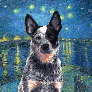 Australian Cattle Dog Art CANVAS Starry Night Over the Rhone Van Gogh Customized print Blue Heeler Personalized Dog Portrait Mom & Dad gifts