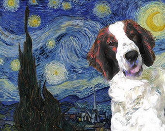 Welsh Springer Spaniel Art Gifts Starry night CANVAS Van Gogh Welsh Springer Print and Mug Personalized Dog Portrait Mom & Dad Lovers