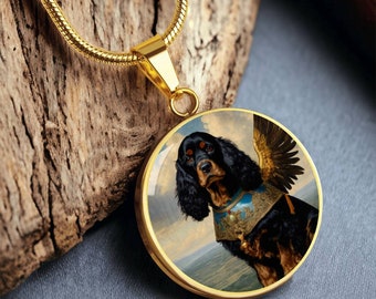Cocker Spaniel Angel, Black and Tan Cocker Spaniel Necklace, Dog Pendant with Engraving Option, Renaissance Dog Gifts, Custom Dog Jewelry