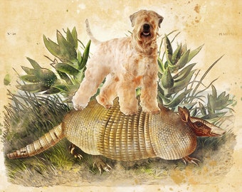 Soft Coated Wheaten Terrier riding Armadillo Art Vintage CANVAS Print Dog Mom and Dad Personalized gifts Vintage Dog