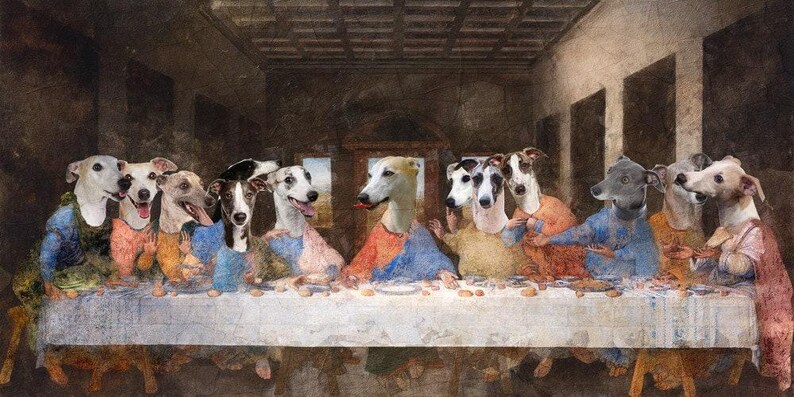 Retrato real personalizado de perro Whippet de la Última Cena, Retratos de perros reales, Retrato real personalizado de mascota, Arte canino regio imagen 9