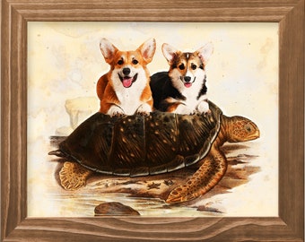 Pembroke Welsh Corgi dog riding sea turtle Art Vintage Print Ad (CANVAS Print, Fine Art Print, Mug, Pillow, Tote Bag) Dog Mom & Dad gifts