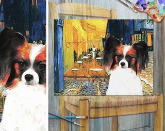 Papillon Dog Art CANVAS Van Gogh Cafe Terrace Print Papillon Personalized Dog Portrait Mom & Dad gifts