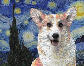 Corgi Pembroke Welsh Art Starry night Van Gogh CANVAS Print and Mug Personalized Dog Portrait Mom & Dad gifts