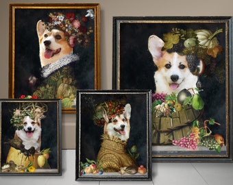 Four Seasons Corgi Dog Art, Pembroke Welsh Corgi Gifts, Winter, Spring, Summer, Autumn, Arcimboldo, Renaissance Dog Mom & Dad gifts