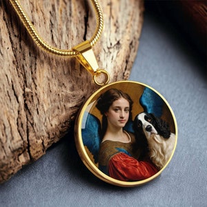 English Springer Spaniel and Guardian Angel, Springer Spaniel Necklace, Pendant with Engraving Option, Renaissance Dog Gifts, Custom Jewelry