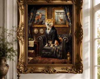 Retrato personalizado de Shiba Inu, arte mural de estilo Dark Academia, pintura clásica de perro caballero.