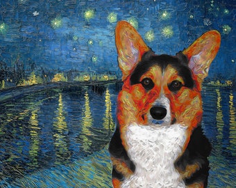 Corgi Pembroke Welsh Corgi Art CANVAS Starry Night over the Rhone Van Gogh Customized Print and Mug Personalized Dog Mom & Dad gifts