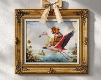 Ruby Cavalier Spaniel Flying Flamingo Art | Quirky Animal Decor | Victorian Wall Art