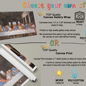 The image is a collage of two images, one of a painting of the Last Supper and one of a canvas print of the same painting. The collage includes text that provides information about the different options for displaying the artwork, such as canvas wrap, canvas print, and poly-cotton.