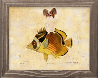 Papillon Dog riding Butterflyfish Art Vintage Print Ad (CANVAS Print, Fine Art Print, Mug, Pillow, Tote Bag) Dog Mom & Dad gifts