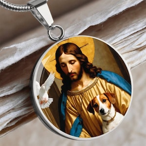 Jack Russell Terrier and Jesus Christ, Parson Russell Terrier Dog Necklace, Renaissance Dog Pendant, Engraving Option, Custom Dog Jewelry