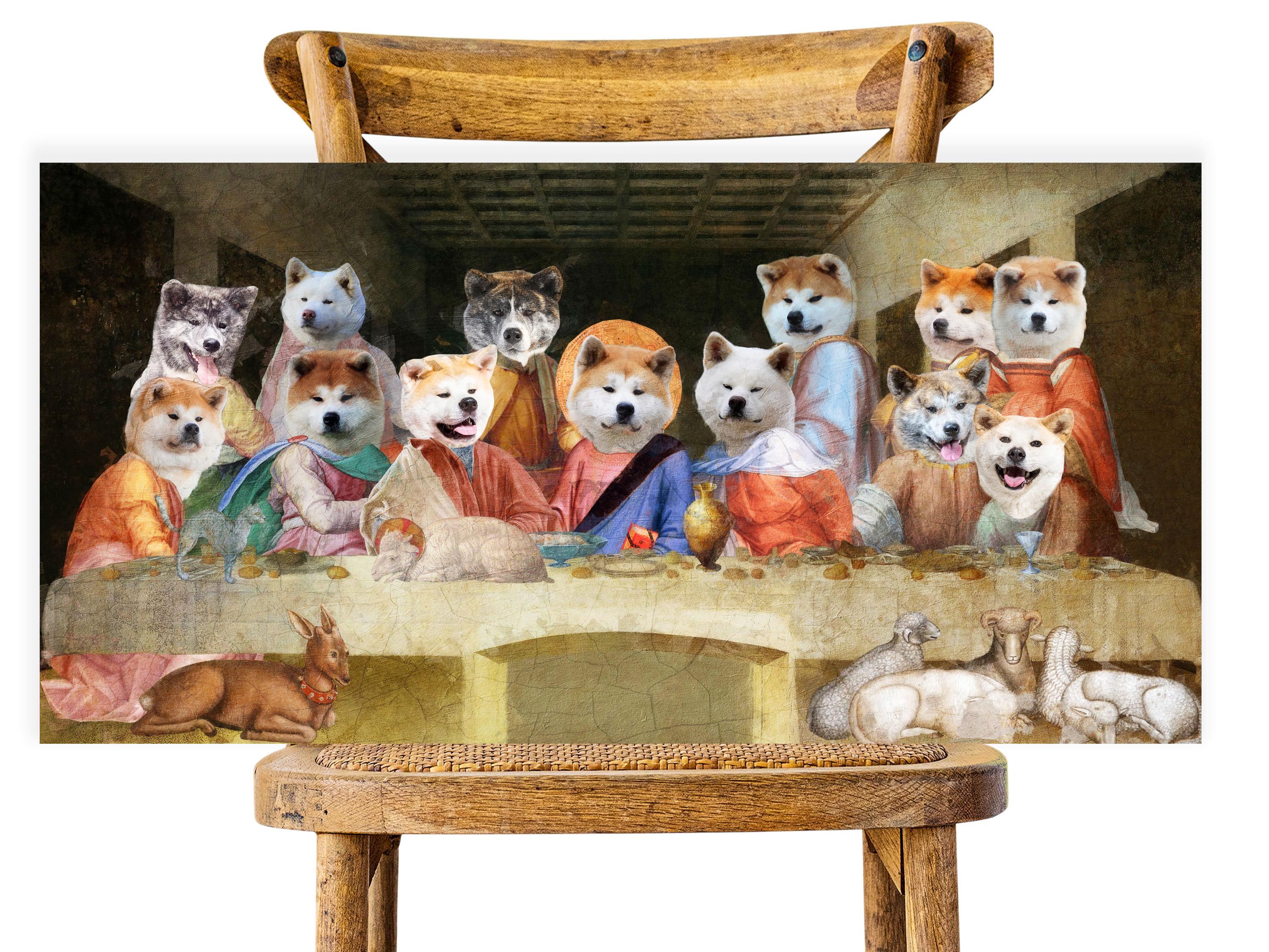 秋田犬の最後の晩餐アート：ルネッサンス犬キャンバスプリント - 限定