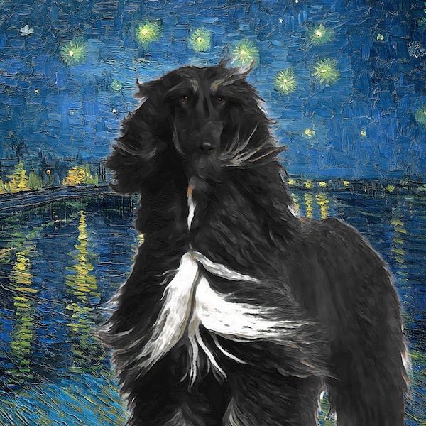 Custom Van Gogh Style Afghan Hound Canvas Art - Personalized Dog Portrait for Mom Dad - Starry Night Over the Rhone - Black Afghan Gift