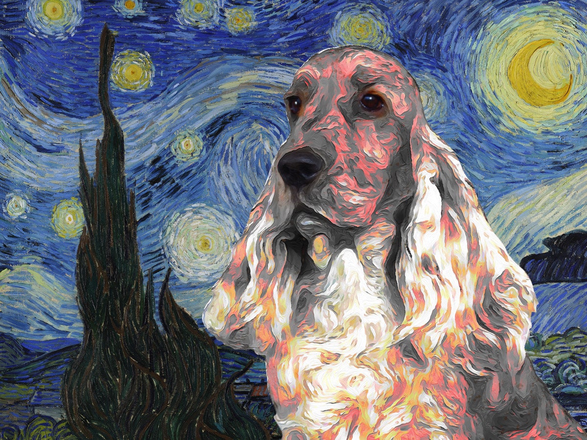 コッカースパニエルの星月夜アートプリント：カスタム犬の肖像画