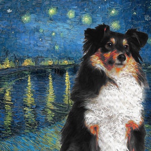 Shetland Sheepdog Sheltie Art CANVAS Starry Night Van Gogh Customized print Tricolor Sheltie Personalized Dog Portrait Mom & Dad gifts