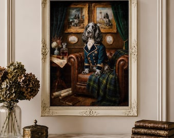 Retrato personalizado de un Cocker Spaniel Inglés Azul Ruano, arte mural de estilo Dark Academia, pintura clásica de perro de caza.