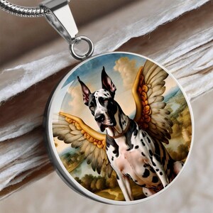 Personalized Dog Angel Necklace, Harlequin Great Dane Jewelry, Great Dane Dog Angel Gifts, Engrave Option, Renaissance Dog Memorial Pendant